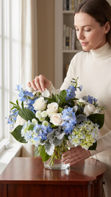 Mothers Day blue and white flower bouquet