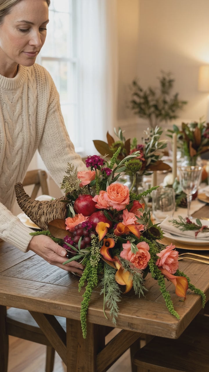 Placing cornucopia centerpiece on table