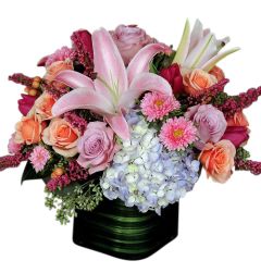 Ginzy's bouquet of fresh hydrangea, spray roses and tulips in a cube vase Large