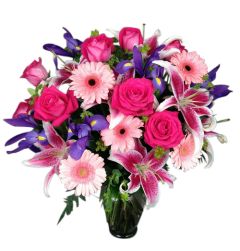 Pink elegance bouquet of assorted roses, gerbera daisies and iris in vase Large