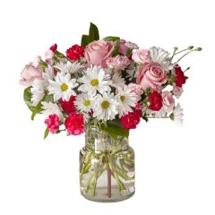 Sensual Surprise vase arrangement with assorted pink roses, mini carnations and daisies Premium