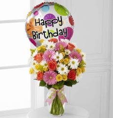 Birthday Flowers Arranged in a Vase with Mylar Balloon Large