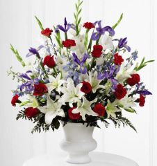 Cherished Farewell Patriotic sympathy arrangement in red, white and blue flowers Large