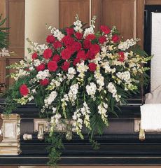 Cherished Moments Casket spray of red and white flowers