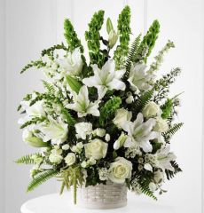 In Our Thoughts funeral flower arrangement of assorted white and green flowers in a white basket Large