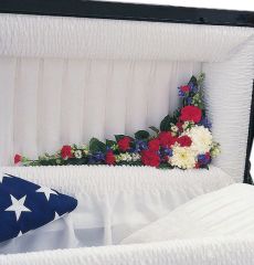 Patriotic Spirit casket adornment hinge spray of red, white and blue flowers