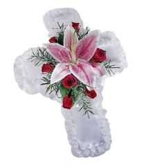Funeral pillow cross with red and pink flowers for inside casket