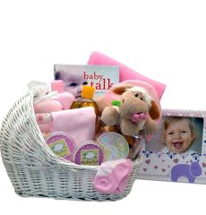 Baby Girl Bassinet Gift Basket of assorted new baby girl gifts