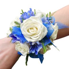 Blue and white flower wristlet corsage
