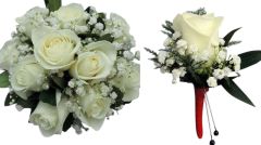 Clutch bouquet and rose boutonniere combo package