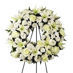 Treasured Tribute funeral flower wreath of all white flowers