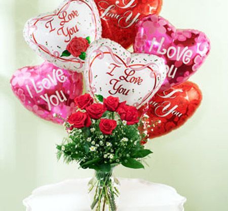 6 roses arranged in vase with 6 mylar balloons