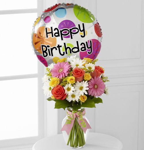 Birthday Flowers Arranged in a Vase with Mylar Balloon Standard