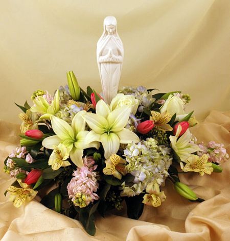 Blesssed mother flower arrangement with keepsake statue