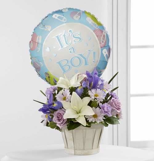 Blue and White Flowers in a Basket with Mylar Balloon for New Baby Boy Standard