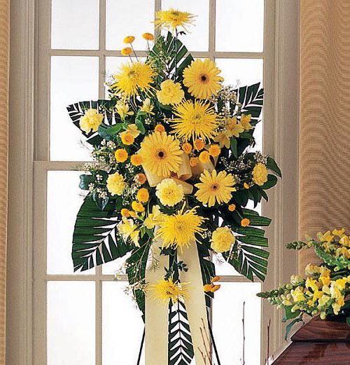 Brighter blessings funeral flower standing spray of all yellow flowers