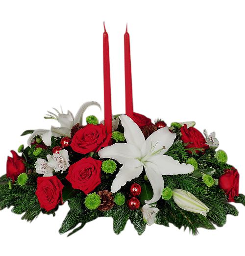 Christmas holiday centerpiece with roses and candles