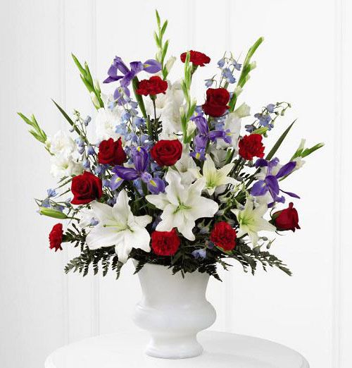 Cherished Farewell Patriotic sympathy arrangement in red, white and blue flowers Small
