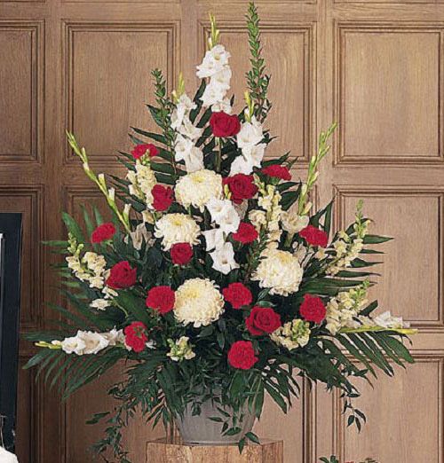 Cherished Moments Funeral Arrangement of red and white flowers