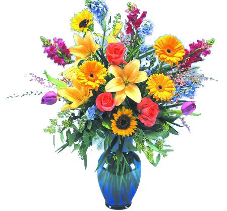 Large flower arrangement of bright yellows, pinks and purples in cobalt blue vase