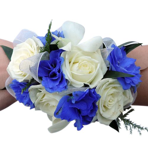 Delphinium and rose corsage with ribbon