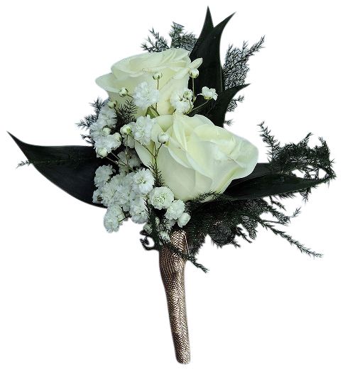 Double rose boutonniere with ribbon stem wrap and filler