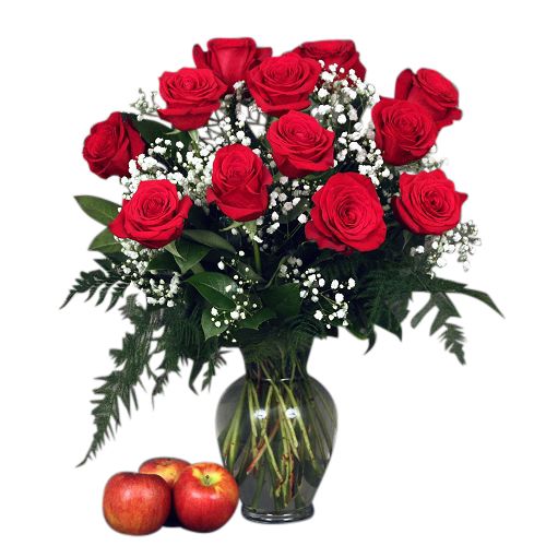 Dozen deluxe roses arranged in a vase with babies breath