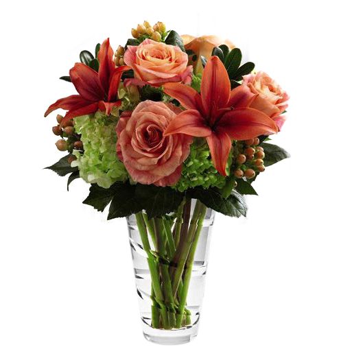 FTD Dawning Delight Bouquet by Vera Wang with assorted orange flowers and green hydrangea Small