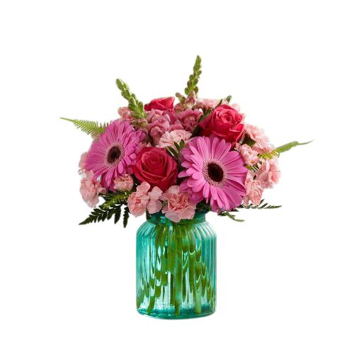 FTD Gifts from the Garden Bouquet by Better Homes and Gardens Pink flowers in aqua blue container Small