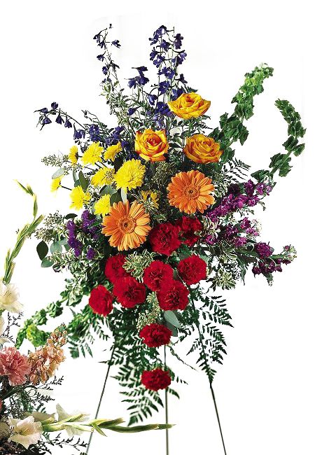 Funeral flower standing spray with assorted bright flowers