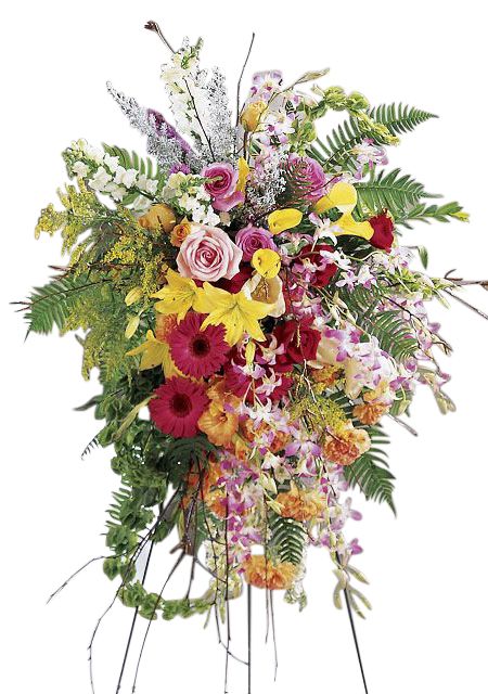 Funeral flower standing spray with bright lilies, orchids, roses and gerbera daisies