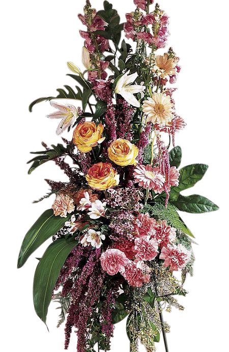 Funeral flower standing spray with assorted pastel flowers