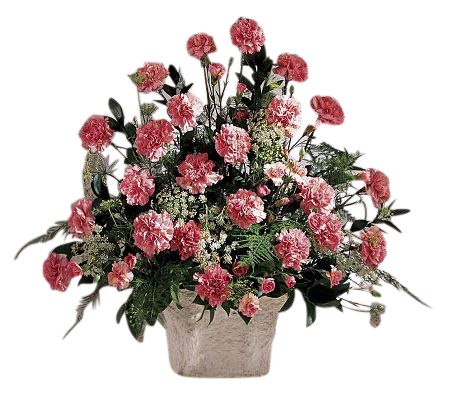 One sided funeral flower arrangement of pink carnations