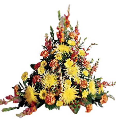 One sided Fall flower funeral arrangement in wicker fireside basket