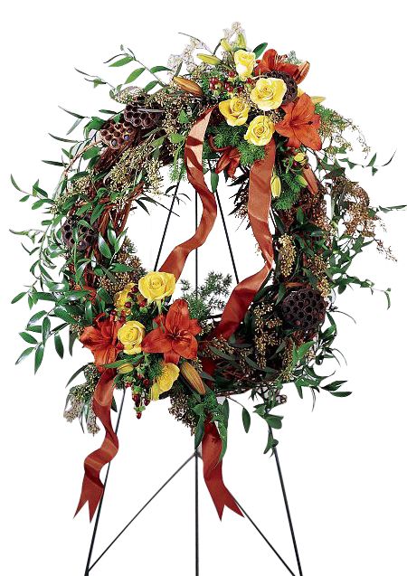 Flourishing garden funeral flower grapevine wreath with yellows and oranges