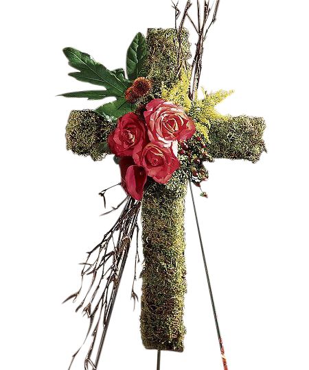 Living cross easel cross with moss and roses