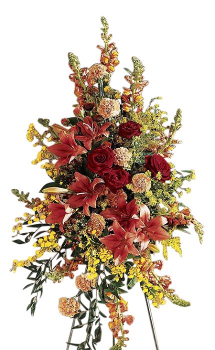 Bright flower funeral standing spray with roses, lilies and orchids