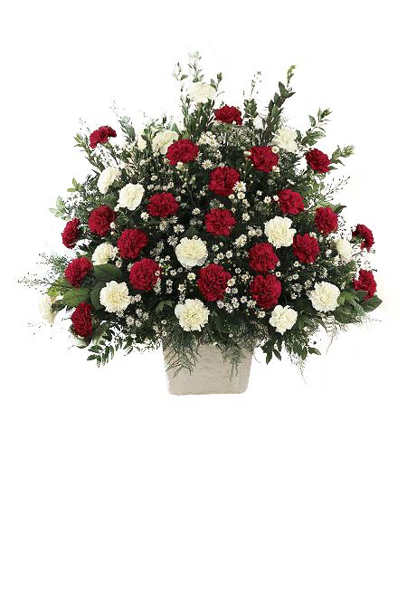 Red and white carnation funeral flower arrangement