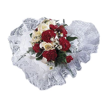Heartfelt casket adornment pillow with red and white flowers