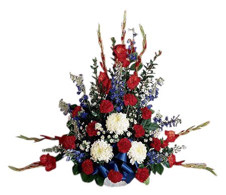 Red, white and blue patriotic funeral flower arrangement
