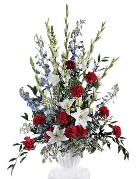 Red, white and blue funeral flower arrangement in white urn