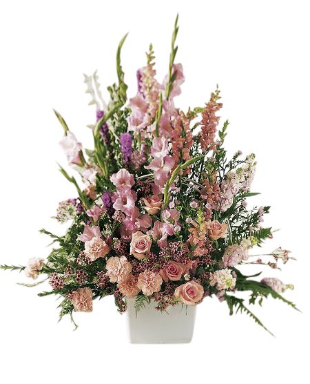 One sided funeral flower arrangement with assorted pinks and purples
