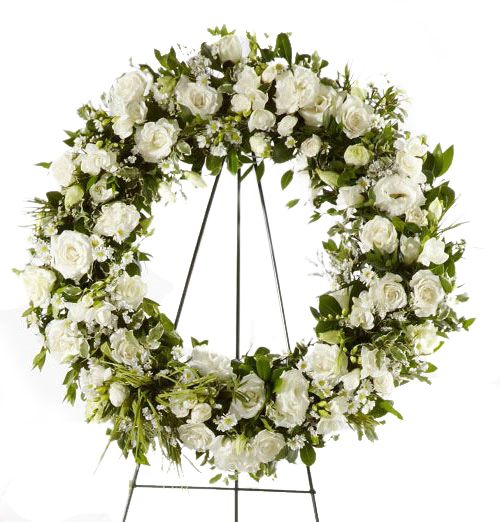 Funeral flower wreath of all white flowers