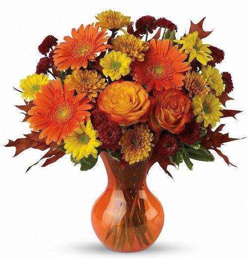 Forever Fall flower bouquet of yellow and orange flowers in orange vase Small