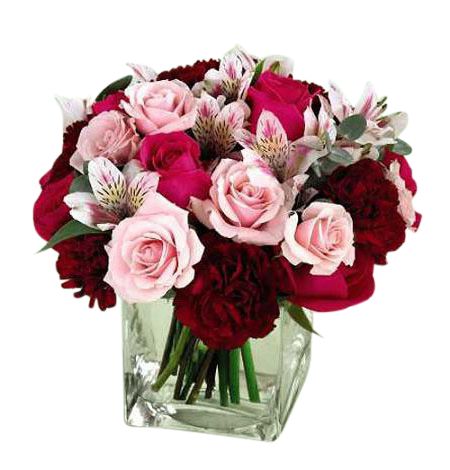 Gentle Caress Bouquet of pink, burgundy and white flowers in small cube vase