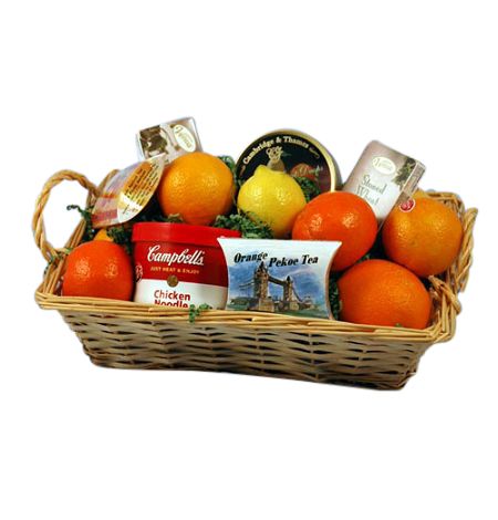 Get well soonest fruit and gourmet gift basket with soup and tea