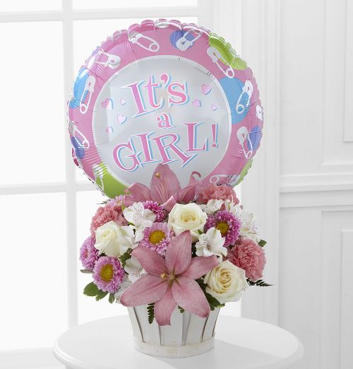 Pink and White Flowers in a Basket with Mylar Balloon for New Baby Girl Standard