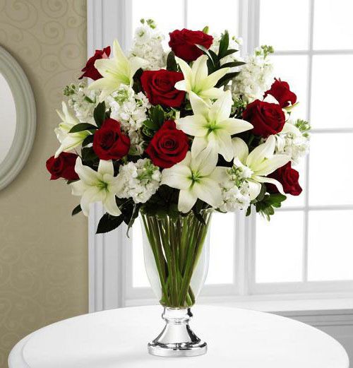 Grand Occasion Bouquet of red roses, white lilies and white stock in Vera Wang vase Small