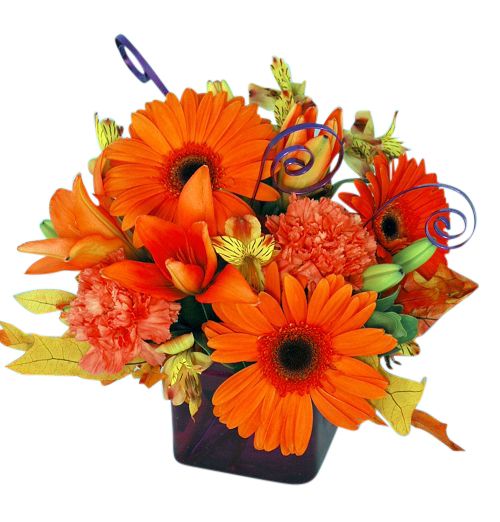 Happy Halloween Cube vase of flowers of assorted orange flowers