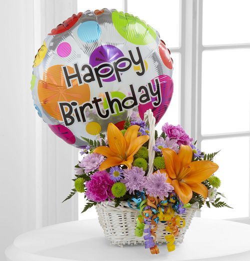 Birthday Flowers Arranged in Basket with Mylar Balloon Standard